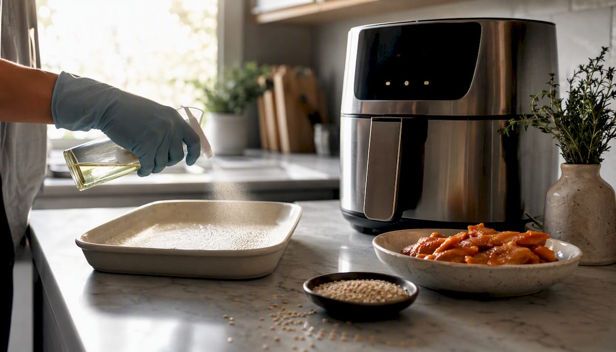 Air fryer preheating with oil spray on tray