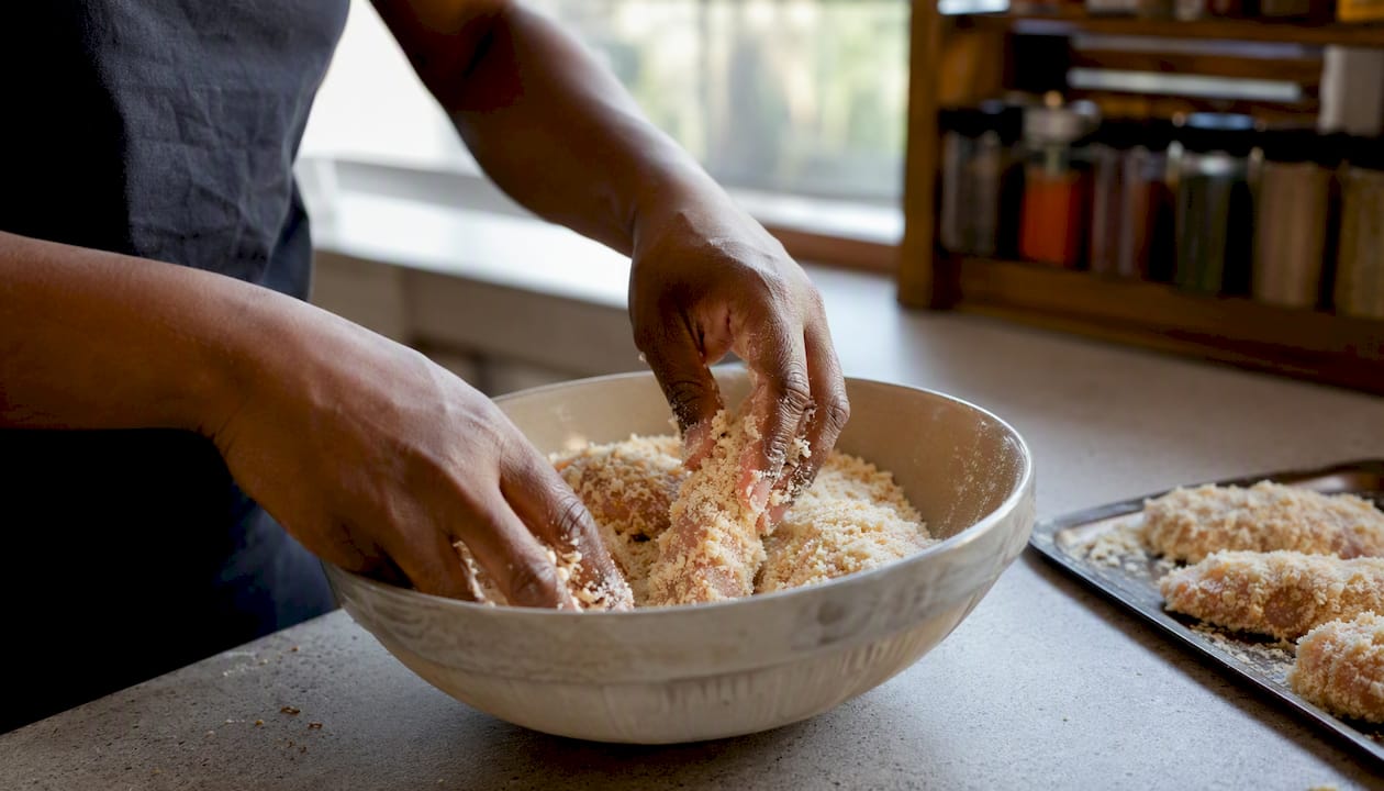 Hands breading chicken tenders with panko