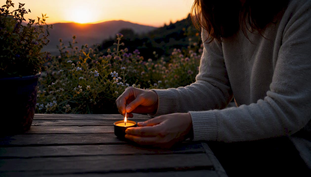 Unas manos encienden una vela al aire libre mientras cae la tarde.