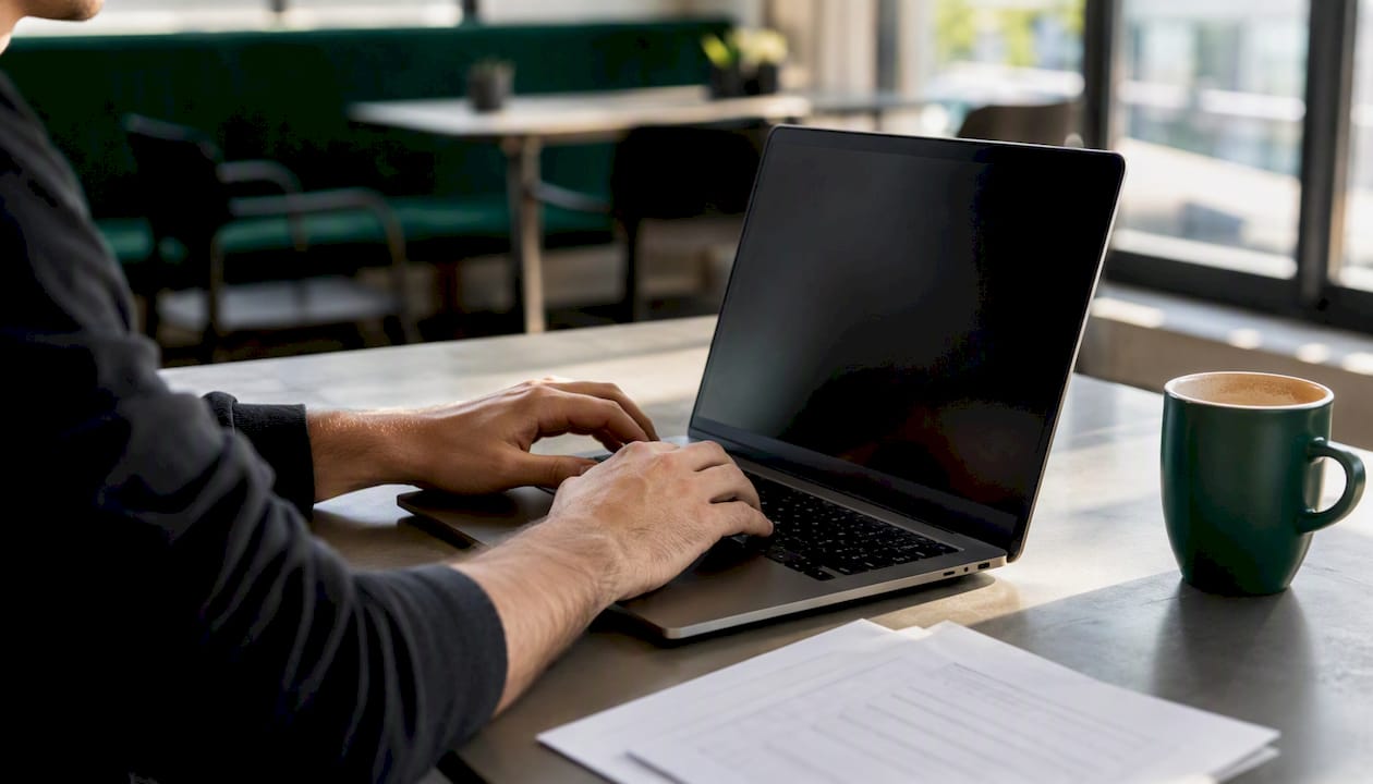 Hände tippen Zahlen und Daten in eine Excel-Tabelle am Laptop ein.
