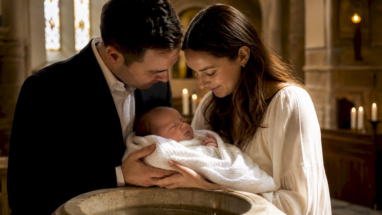 I genitori tengono in braccio il loro bambino vicino al fonte battesimale, pronti per il rito del battesimo.