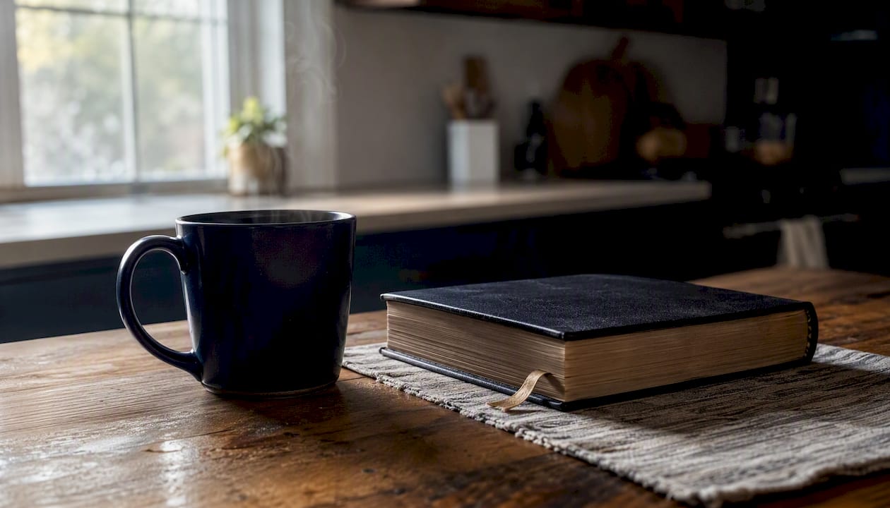 Coffee cup and closed Bible on table