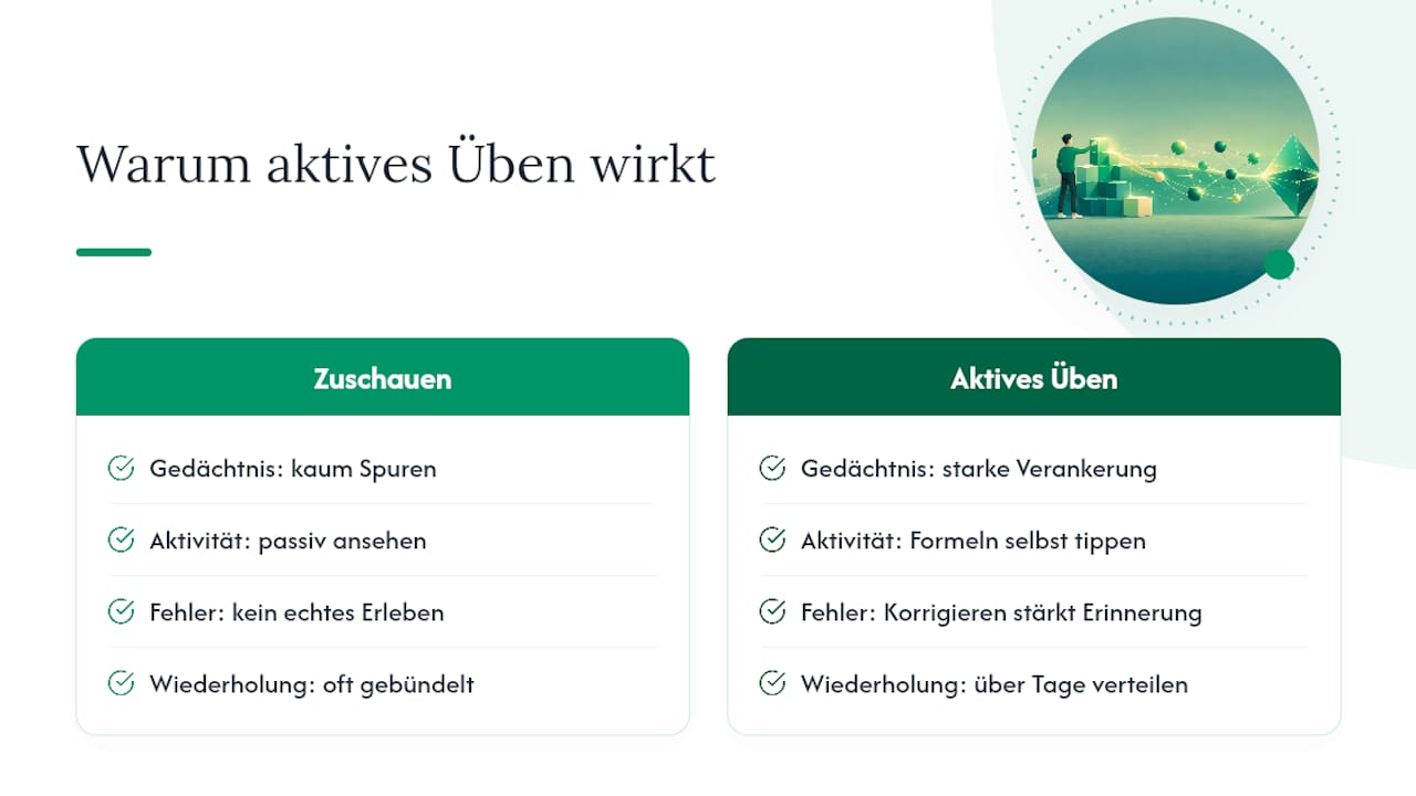 Warum aktives Üben schneller hilft als Tutorials schauen — overview diagram