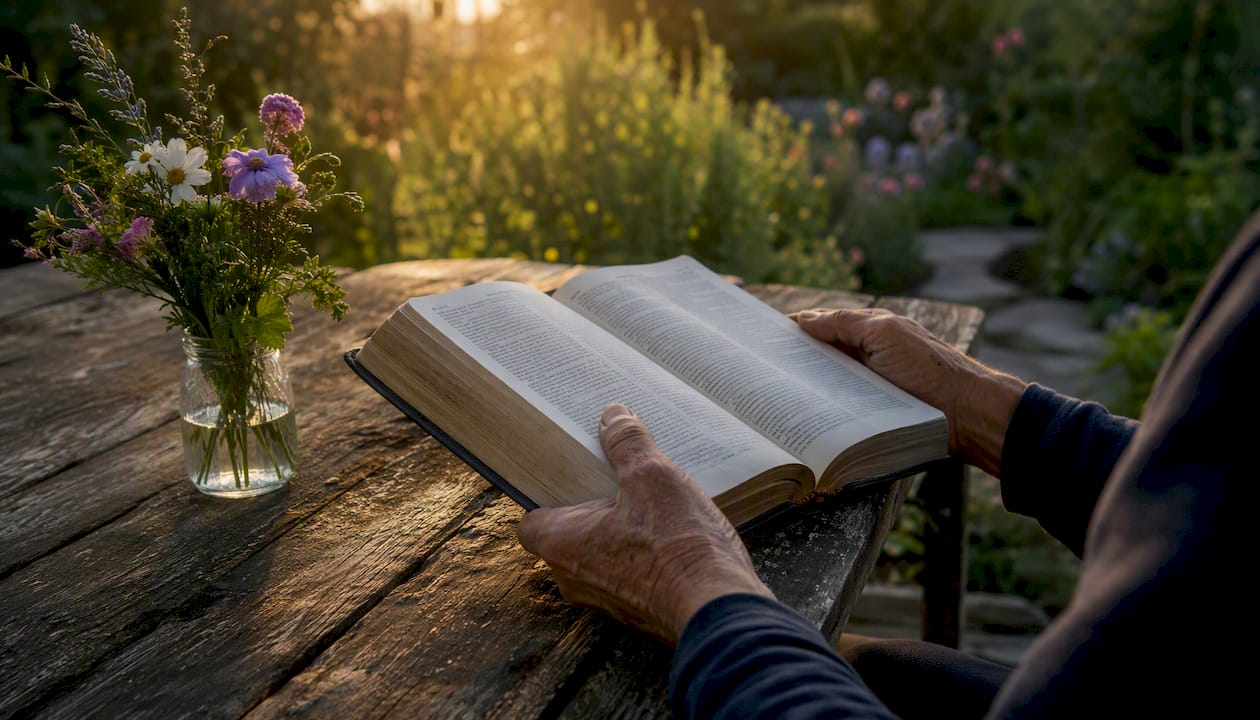 Unas manos reposan sobre la Biblia, iluminadas por la luz cálida de una vela.