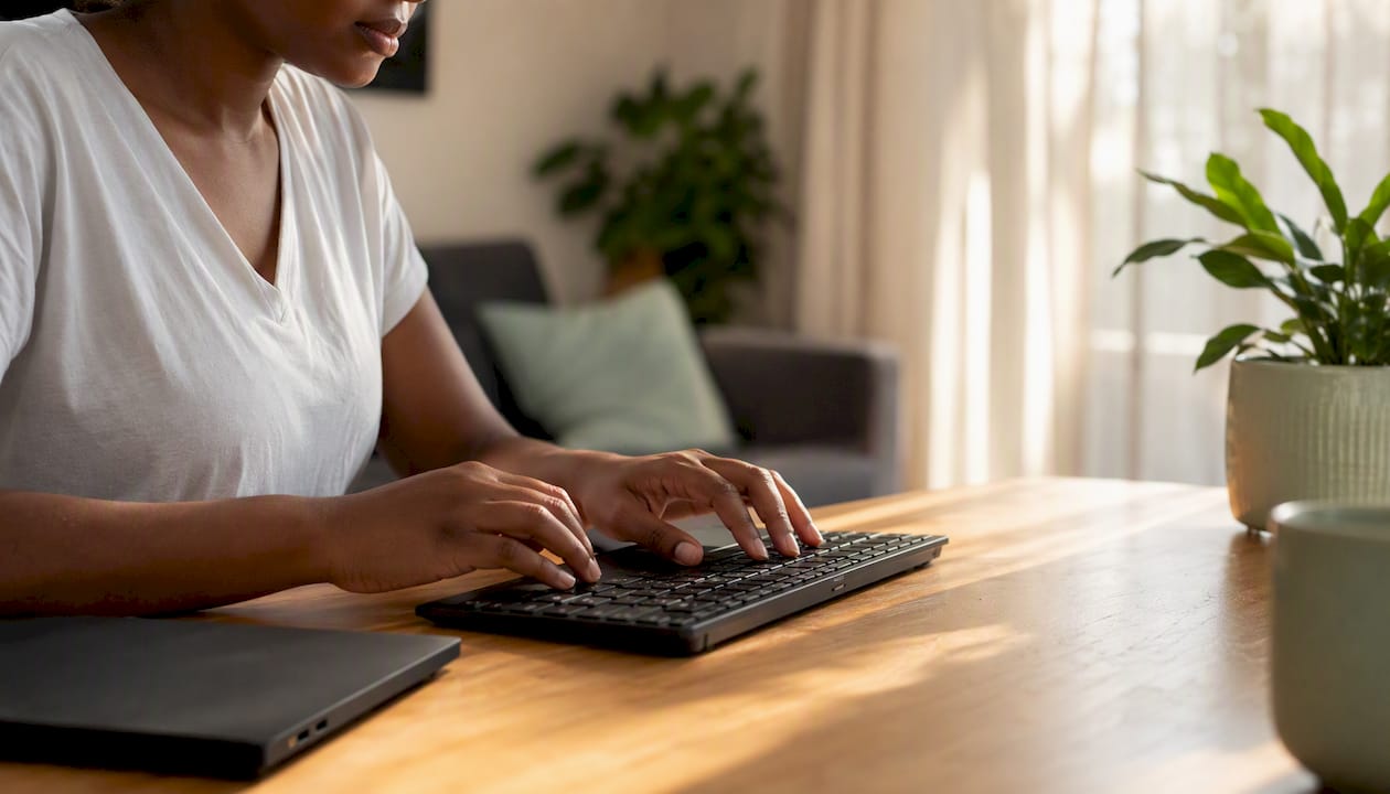 Hands typing history essay on keyboard