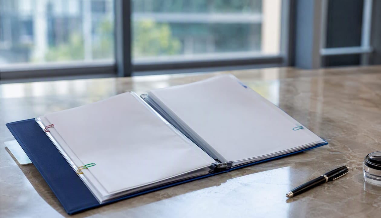 Certified compliance document folder on desk