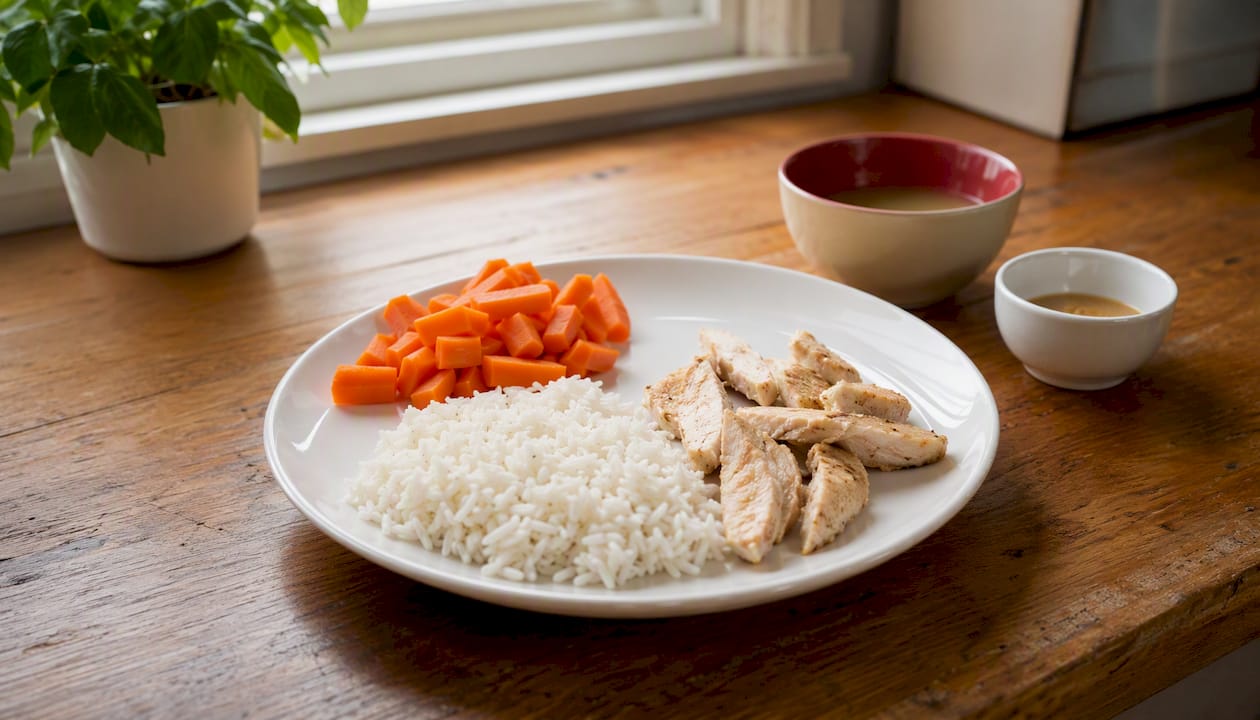 Separate bowls with rice, chicken strips and veggies
