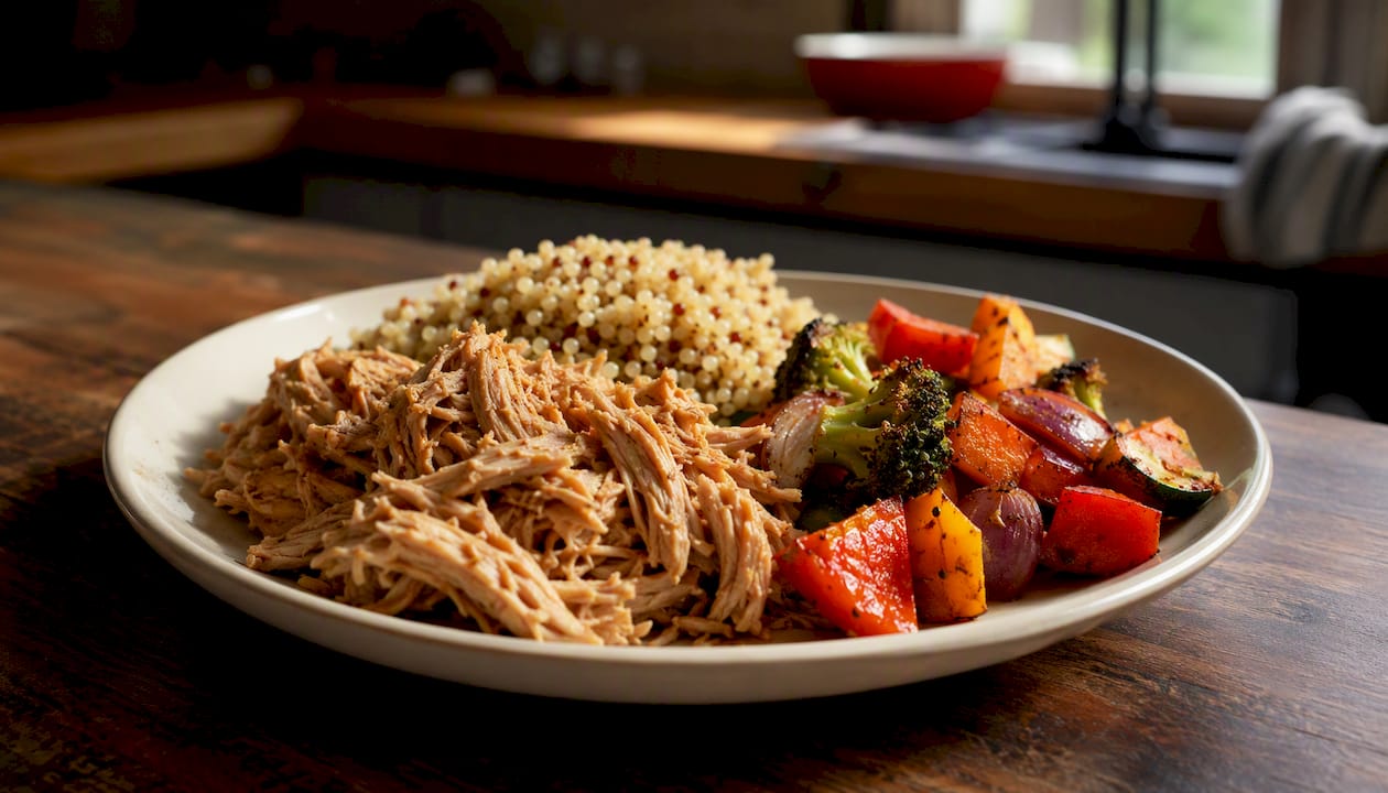 Plate with shredded chicken and white rice