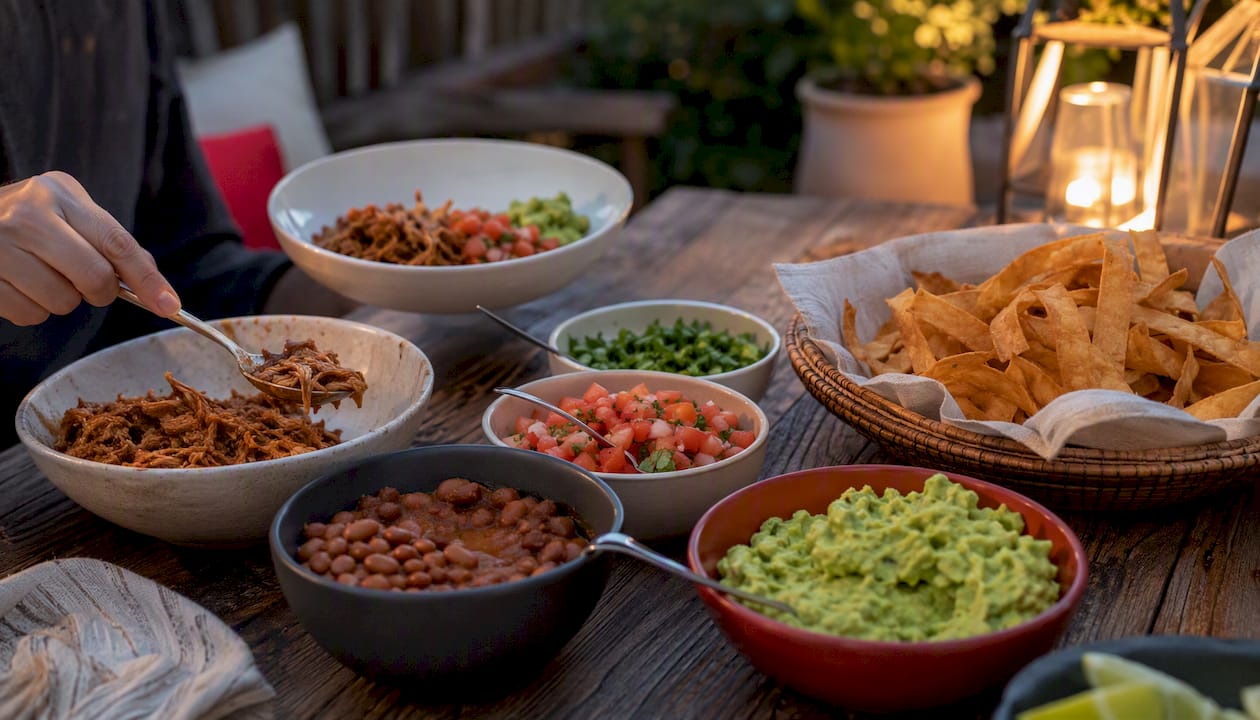 Taco bowl ingredients in separate small bowls on counter