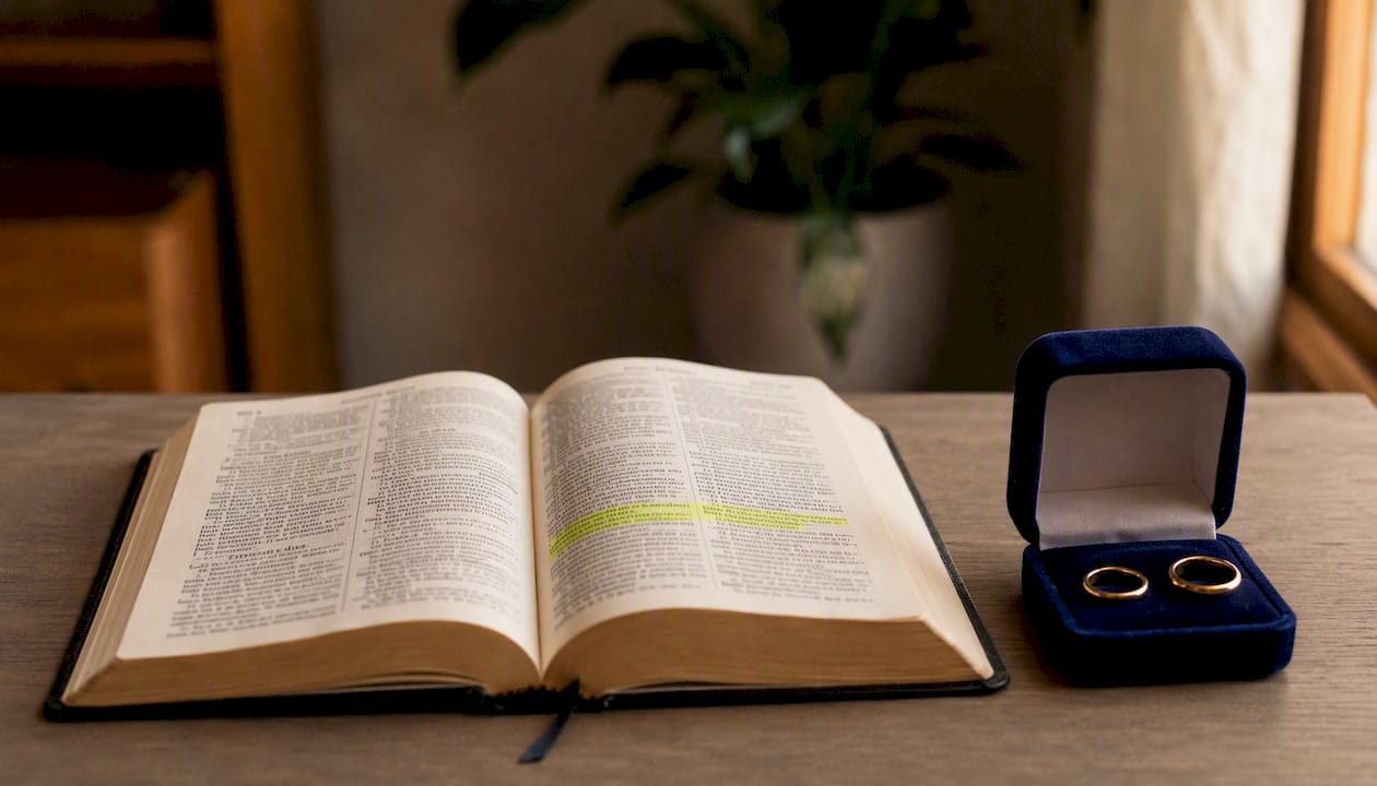 Una Bibbia aperta con le fedi nuziali poggiate sopra, su un tavolo di legno.