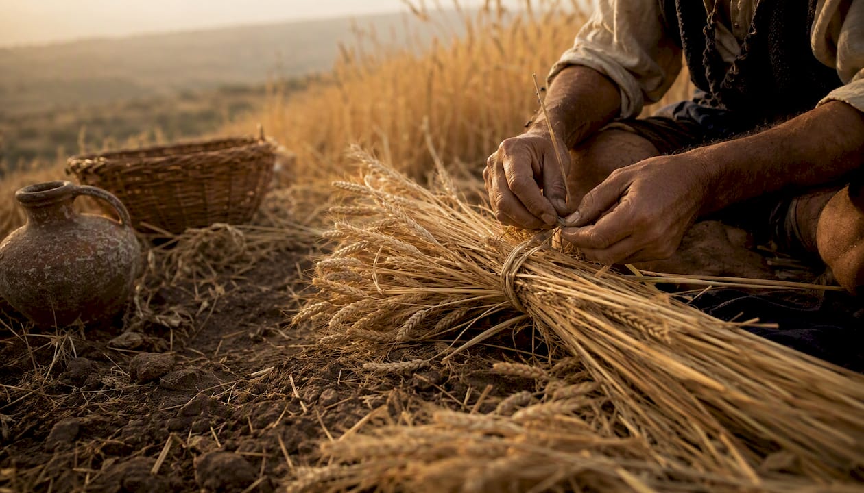 Hands bundling wheat in ancient fields