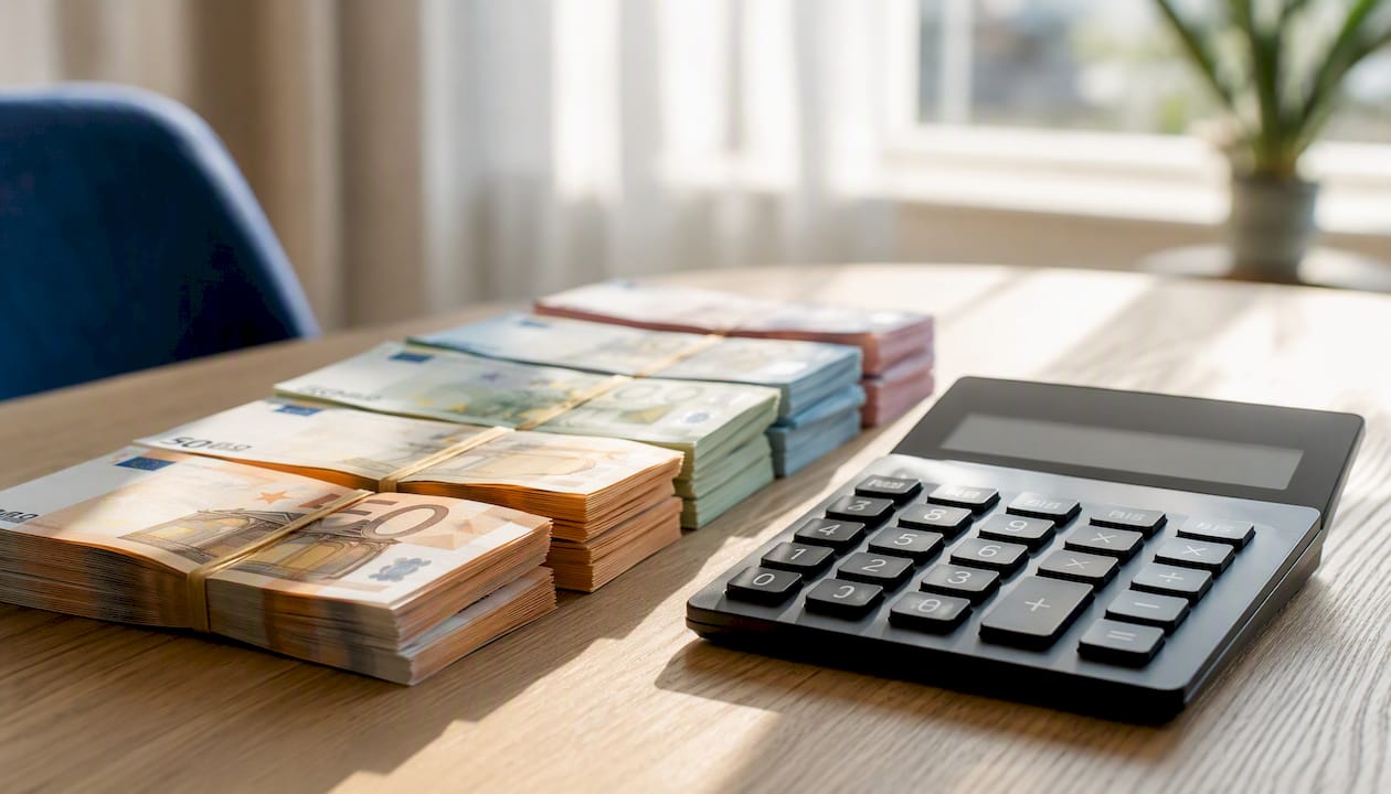 Primo piano di banconote in euro accanto a una calcolatrice