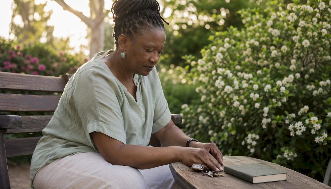Mature learner reflecting with personal items