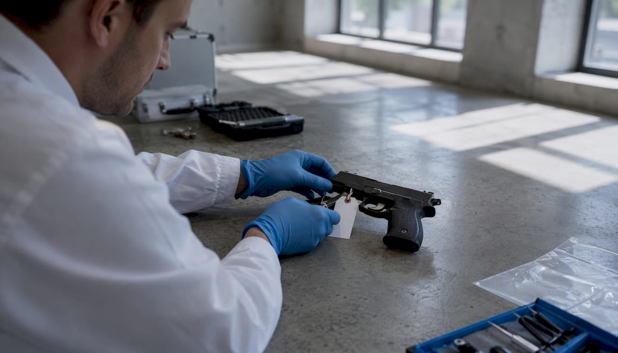 Gloved hands tagging firearm with evidence label