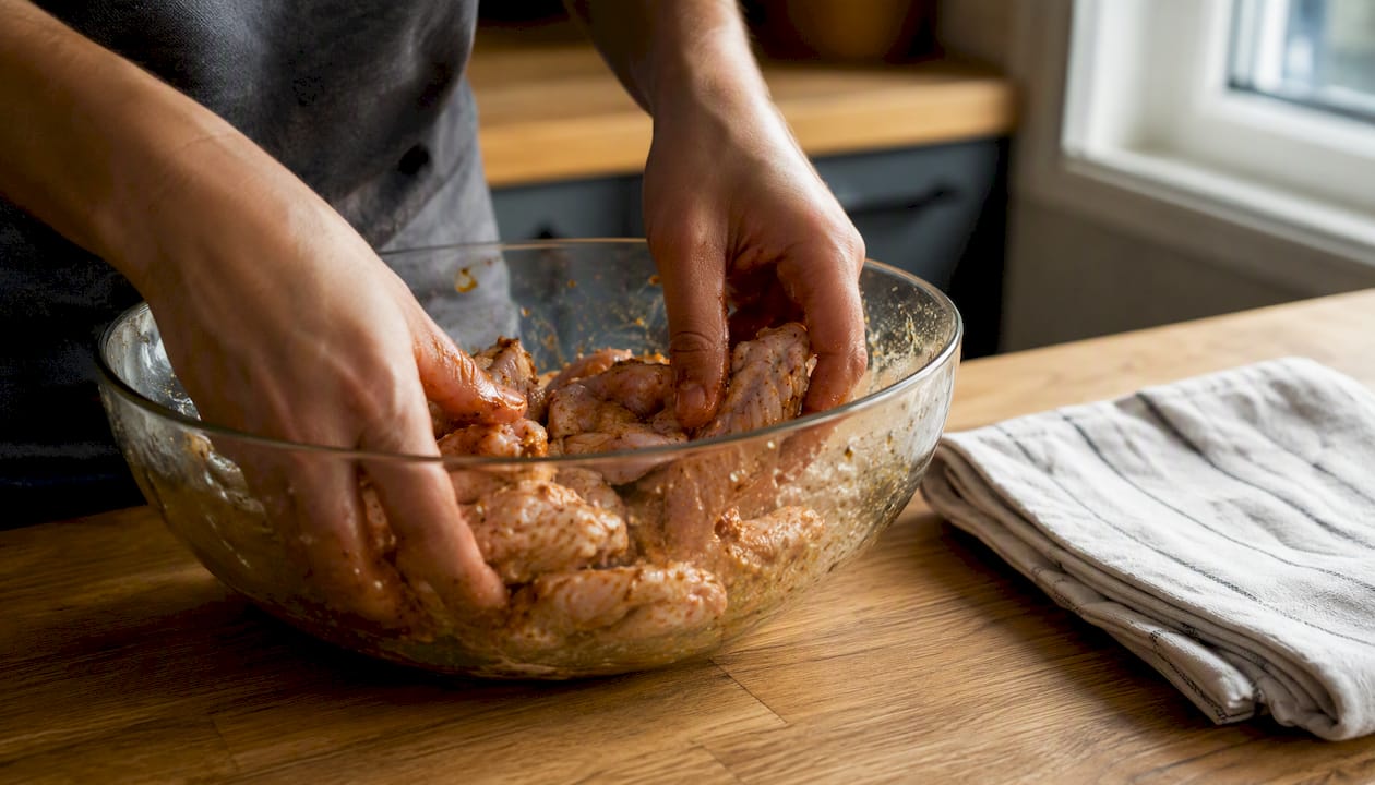 Hands tossing chicken wings with baking powder and oil