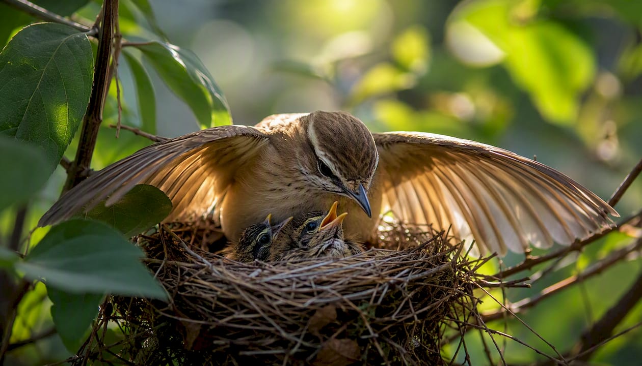 Una madre pájaro protege a sus crías cobijándolas bajo sus alas.