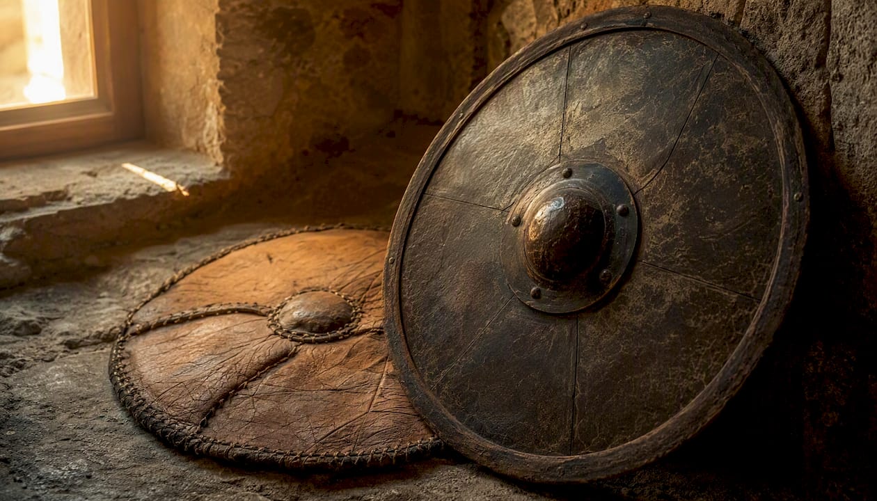 Escudo antiguo y adarga de cuero apoyados sobre madera