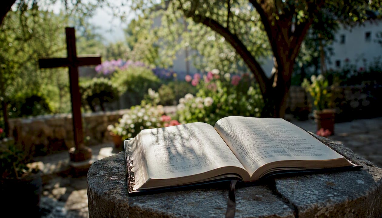 Open Bible with cross in peaceful study