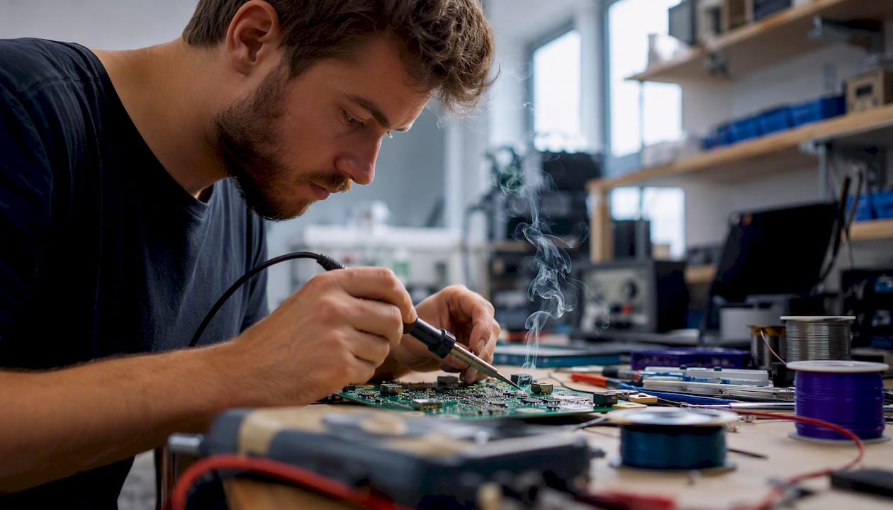 Hands assembling electronic circuit board