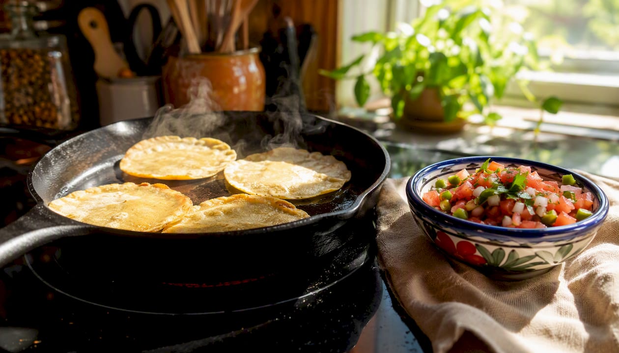 Corn tortillas pan frying in a skillet