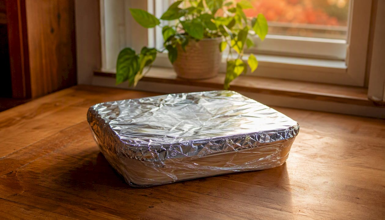 Wrapped enchilada casserole ready for freezer