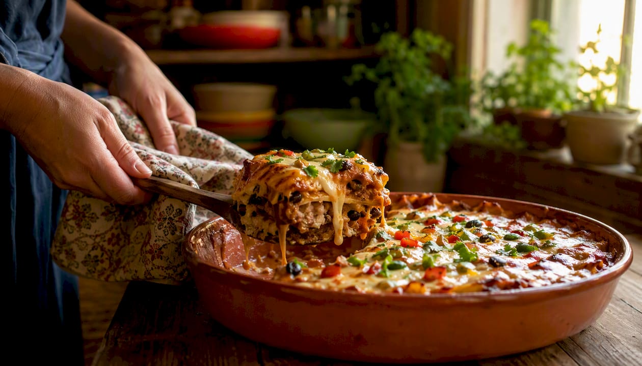 Close-up of baked enchilada casserole with melted cheese