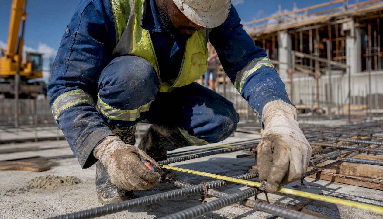 Construction worker measuring steel rebar