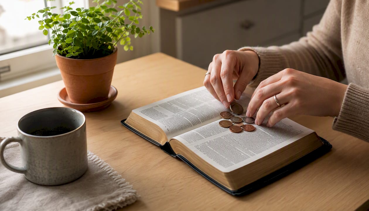 Delle mani che contano delle monete sopra una Bibbia aperta