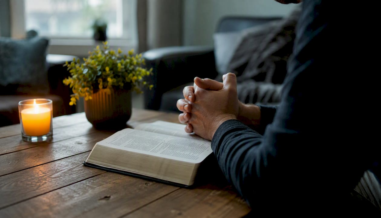Hands clasped in prayer over Bible with candlelight