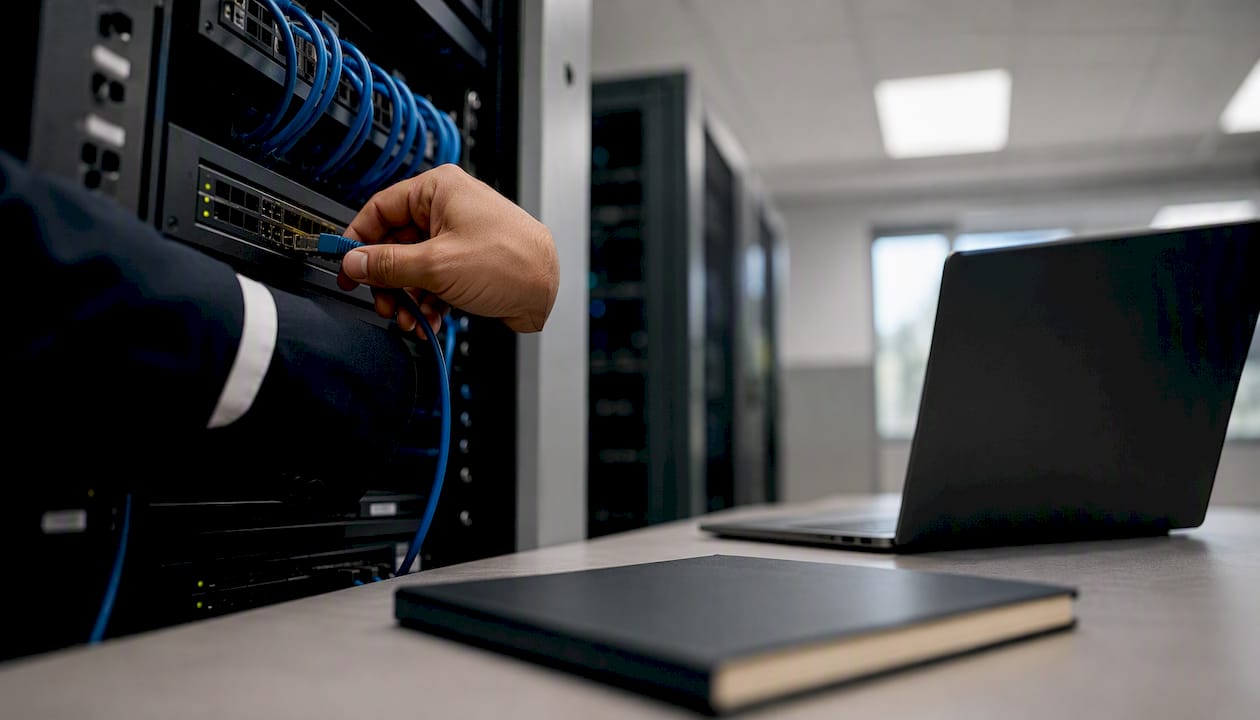 Hand plugging Ethernet cable into network switch