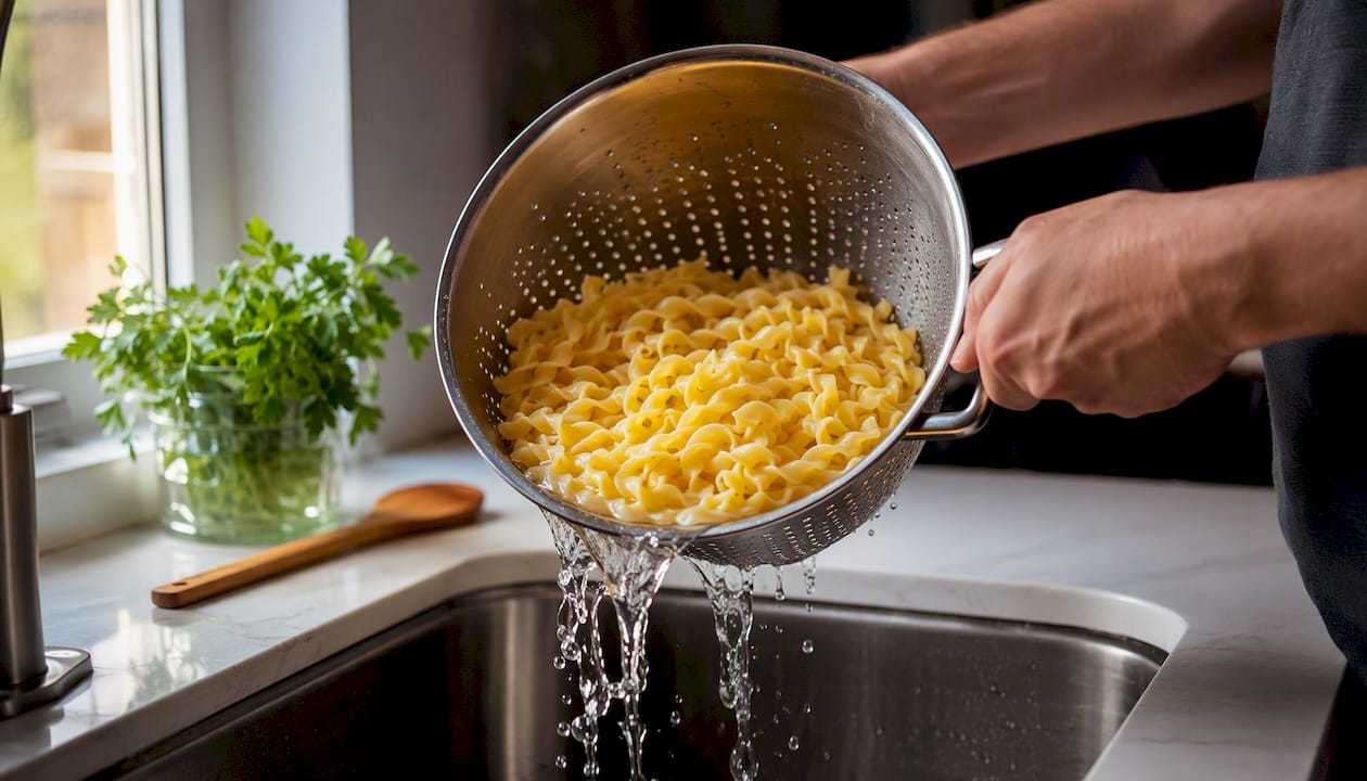 Draining al dente egg noodles with pasta water