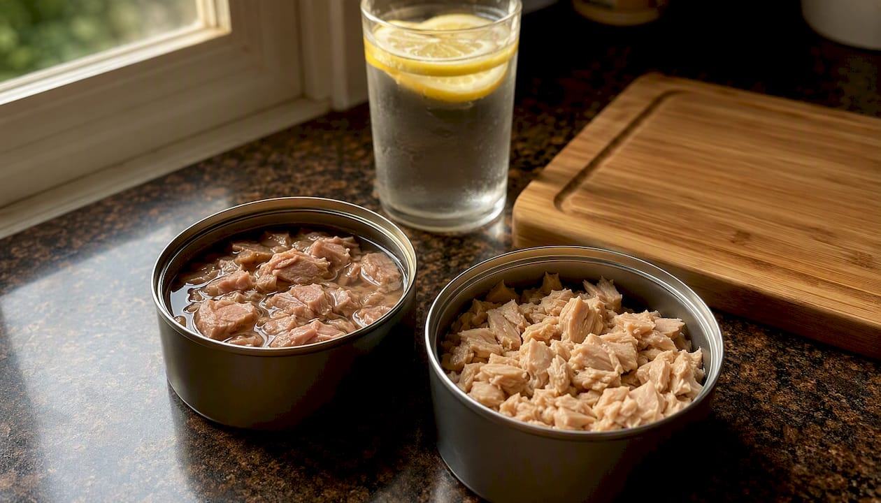 Open cans of tuna showing textures