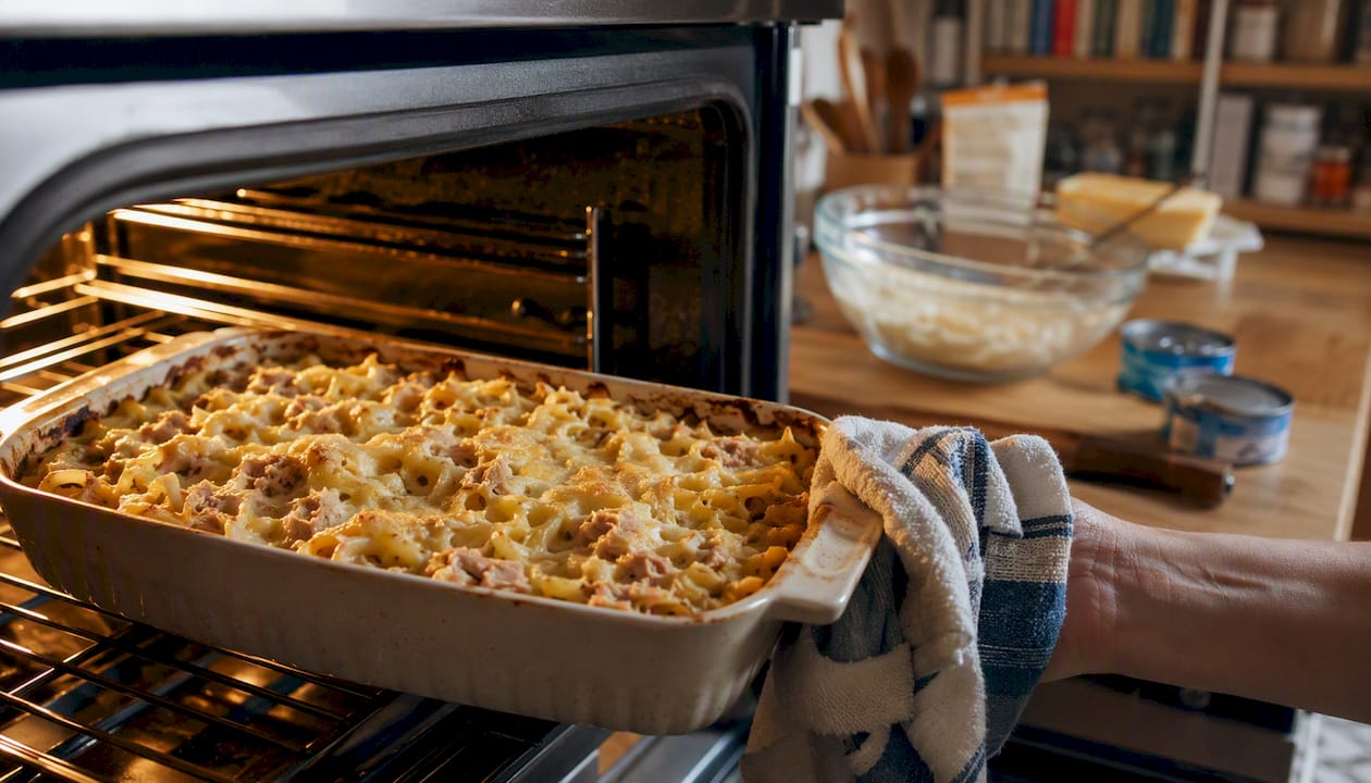 Tuna noodle casserole sliding into oven