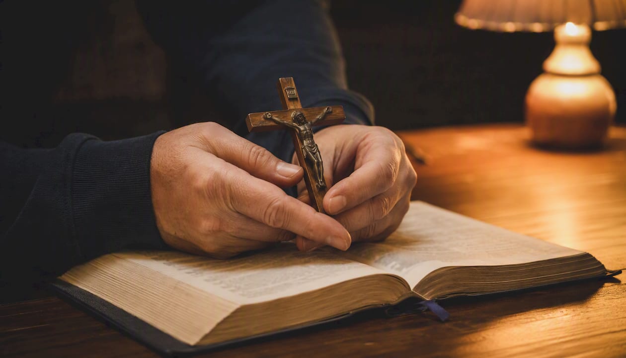 Mani che stringono un crocifisso sopra una Bibbia aperta