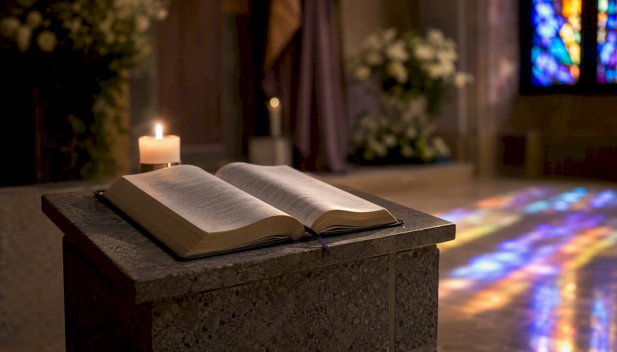 Open Bible and candle in funeral setting