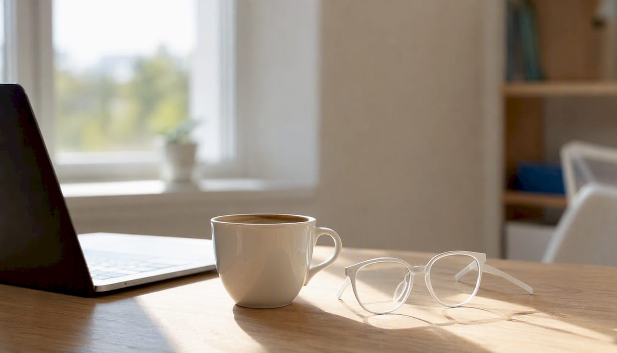 Una tazzina di caffè e un paio di occhiali appoggiati su una cartella, a rappresentare il momento della pensione: una pausa rilassante e lo sguardo verso nuove prospettive.