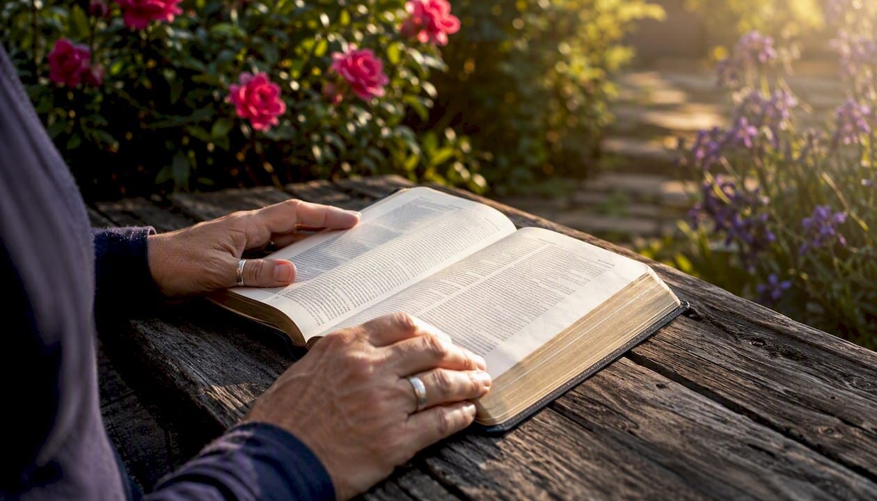Due mani stringono una Bibbia aperta, immerse in un momento di preghiera silenziosa.