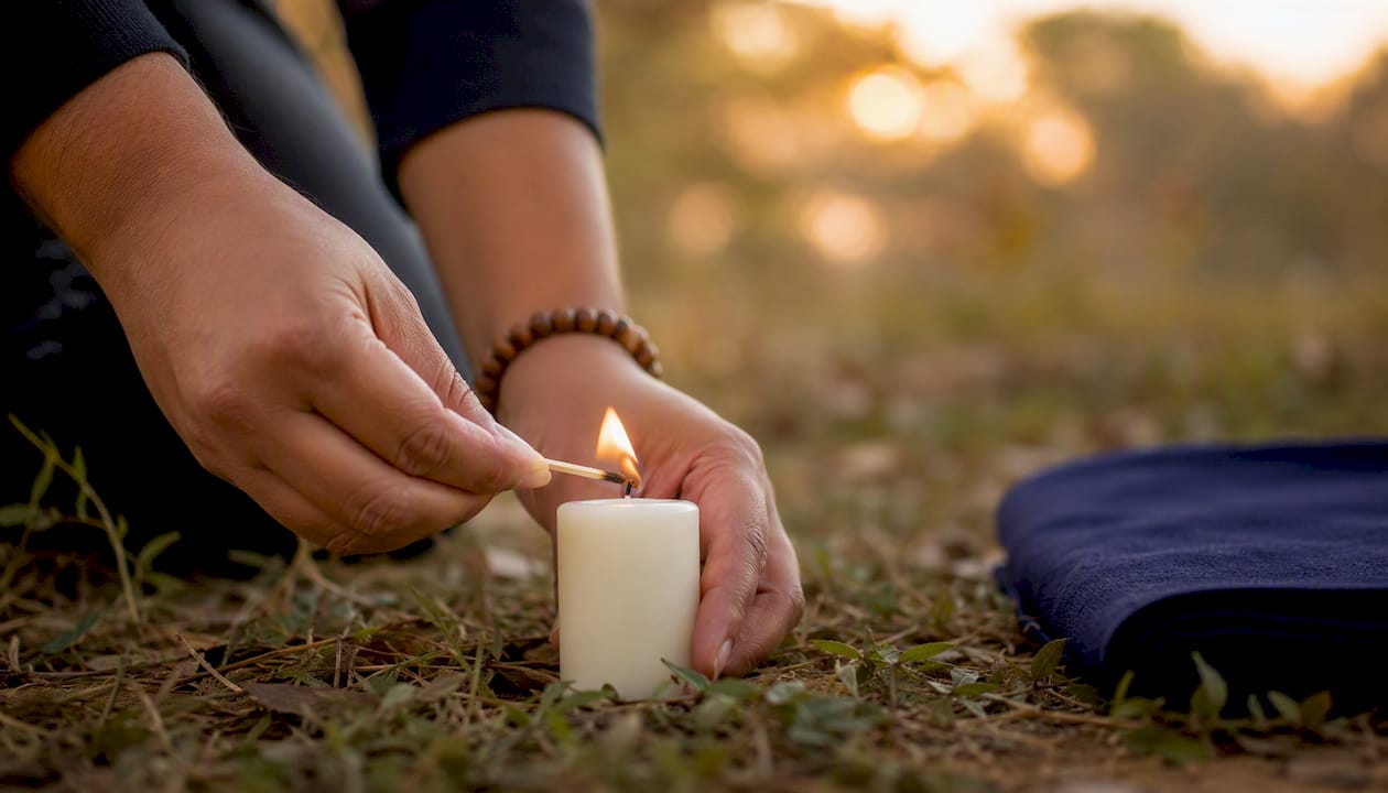 Manos encendiendo una vela para acompañar una oración.
