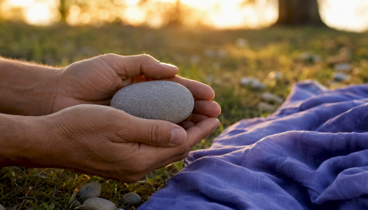 Unas manos sostienen una piedra lisa, transmitiendo una sensación de apoyo y protección.
