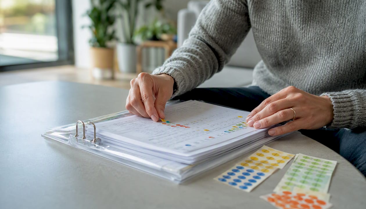 Mit farbigen Etiketten werden Datenzeilen von Hand sortiert und kategorisiert.