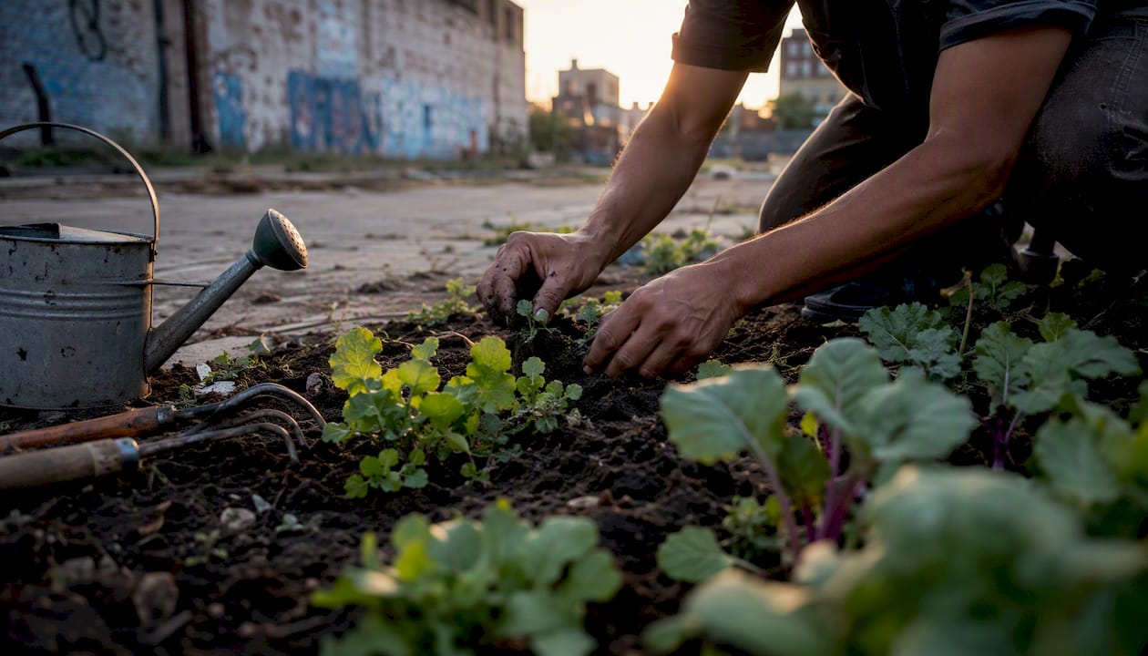 Hands tending plants in urban garden