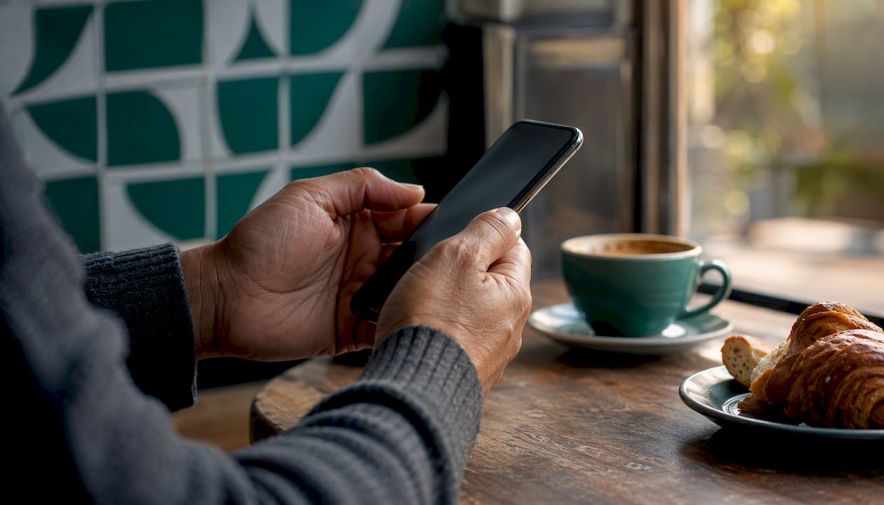 Hands with smartphone browsing jobs at cafe