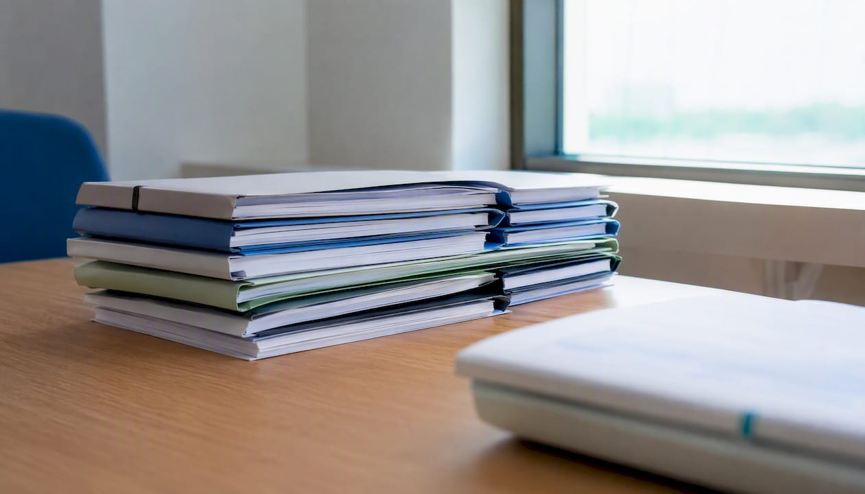 Una pila di contratti e documenti previdenziali appoggiata sulla scrivania