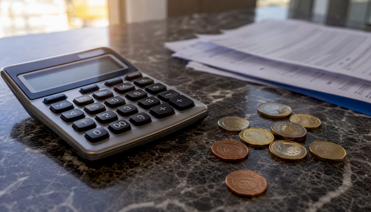 Calcolatrice e monete in euro sul tavolo per la dichiarazione dei redditi