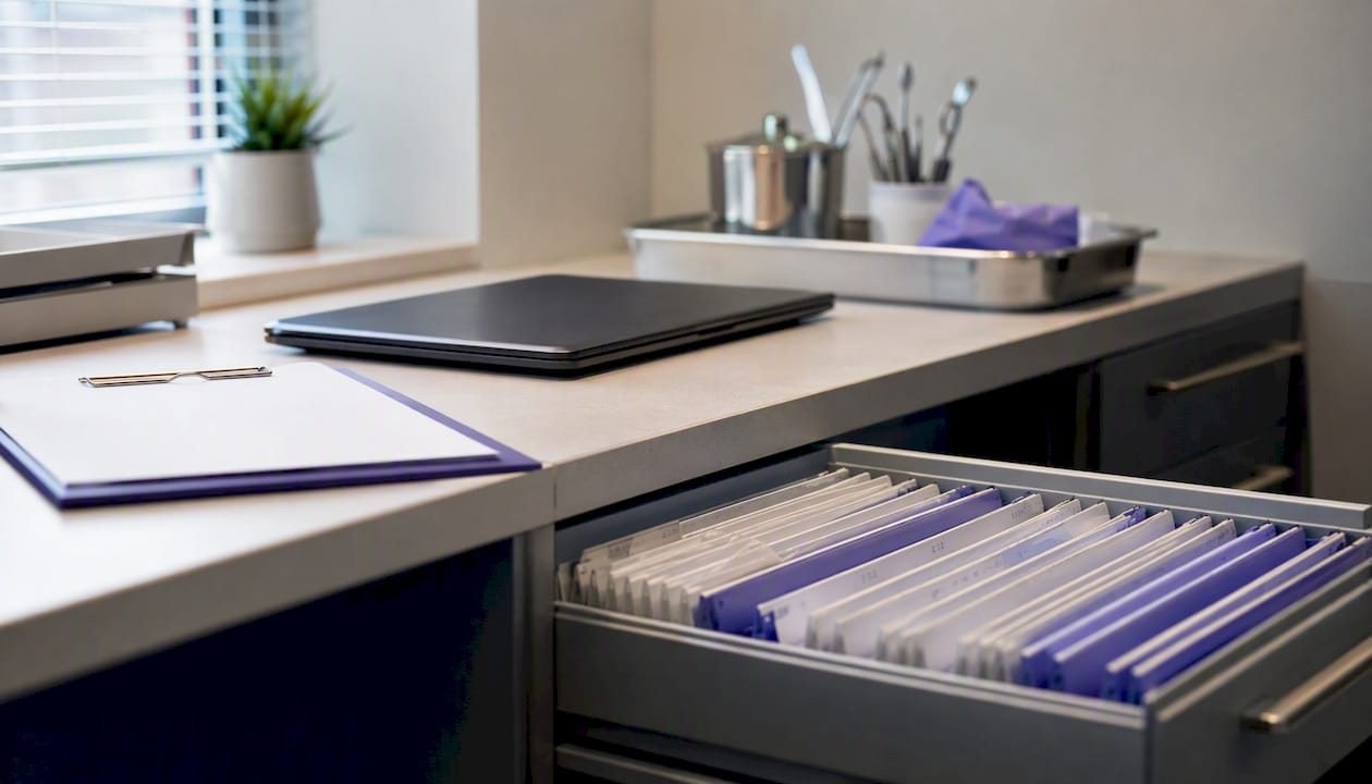 Medical billing office with filing drawers and instruments