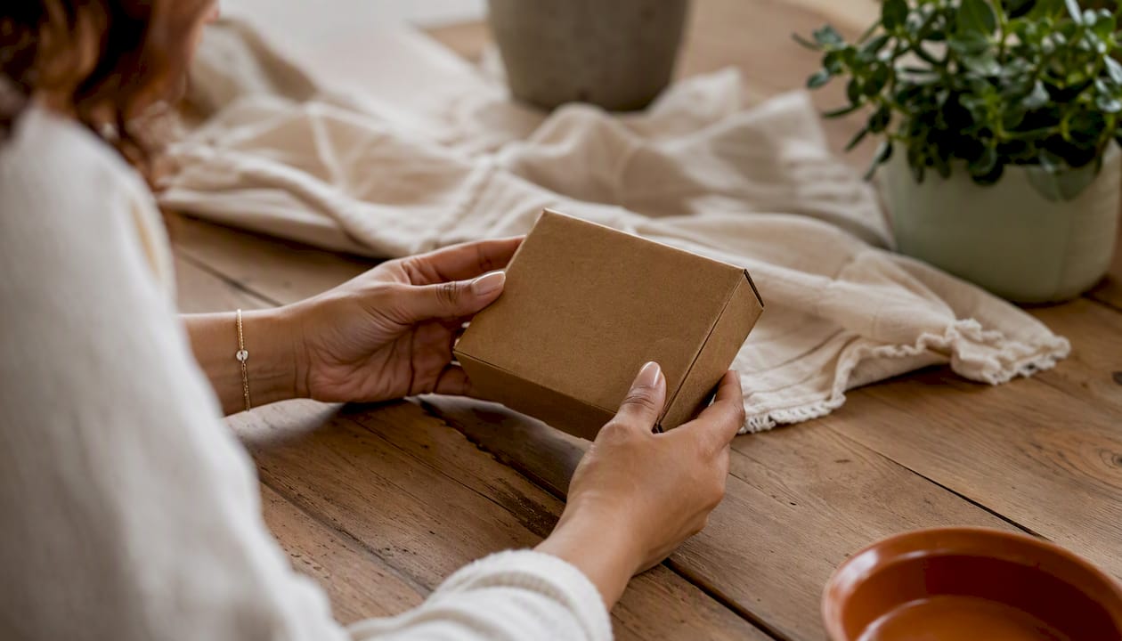 Hands inspecting unopened product box at home