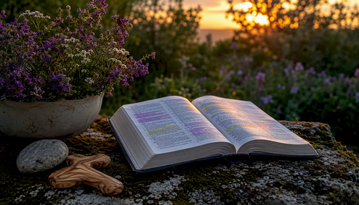 Biblia abierta con versículos sobre el arrepentimiento y una lámpara iluminando las páginas
