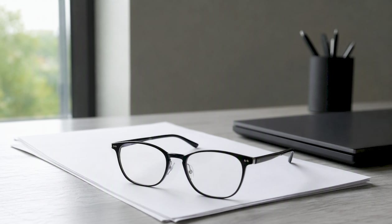 Eine Brille, die auf weißen Papierblättern liegt – ein Sinnbild für den analytischen Blick auf Daten.
