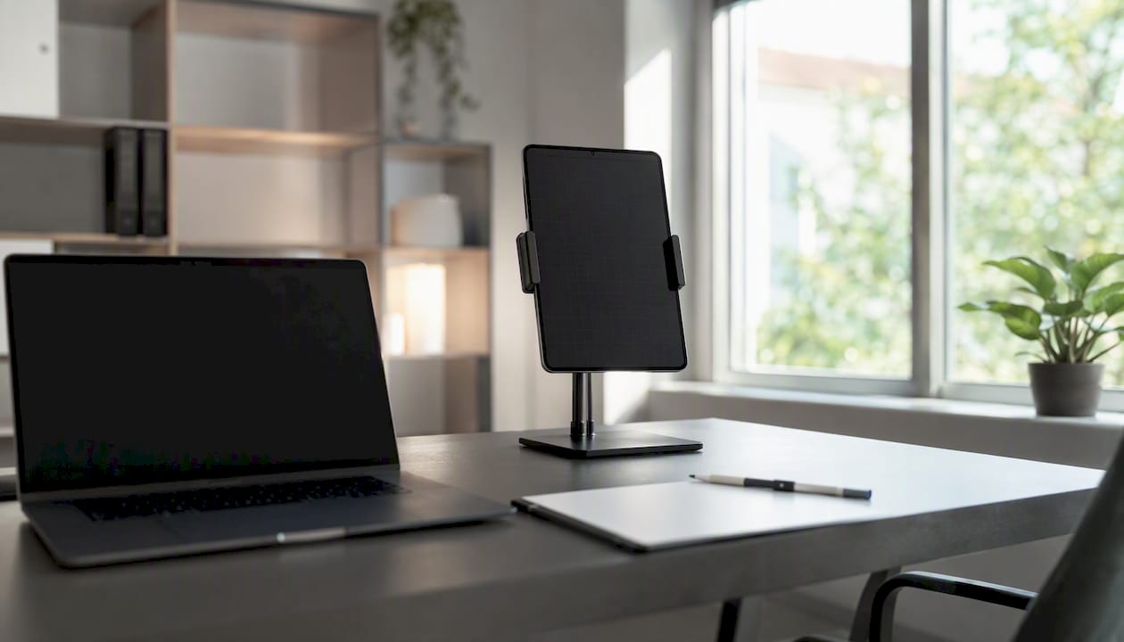 Eine Hand schwebt über einem Tablet, auf dem eine Tabellenübersicht geöffnet ist – alles auf einem modernen Schreibtisch.
