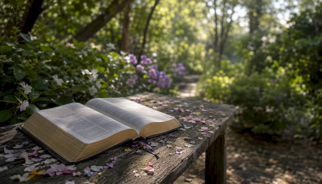 La Bibbia aperta poggia su un leggio di legno all’interno della chiesa.